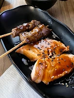 Beef Skewers and Salmon Teriyaki